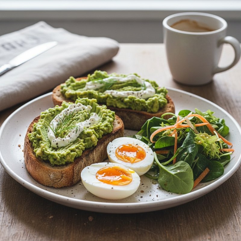 Avocado toast, egg and salad