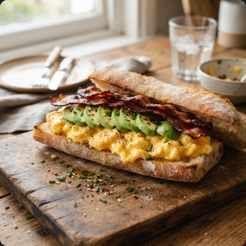 Baguette Sandwich with Scrambled Eggs, Avocado & Bacon