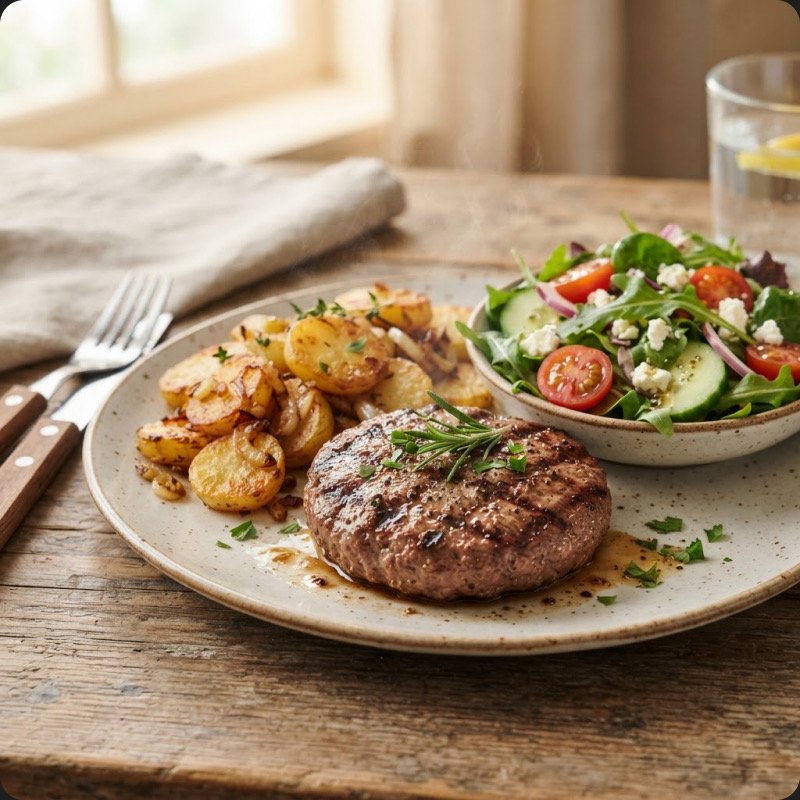 Beef Patty with Crispy Potatoes & Salad