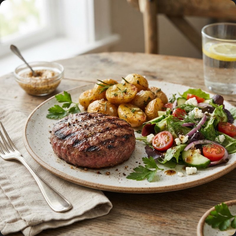 Beef Patty with Roasted Baby Potatoes & Salad