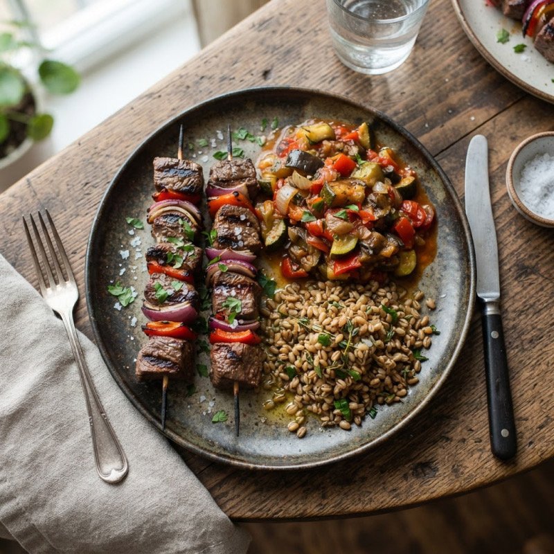 Beef Skewers with Wheat Berries & Ratatouille
