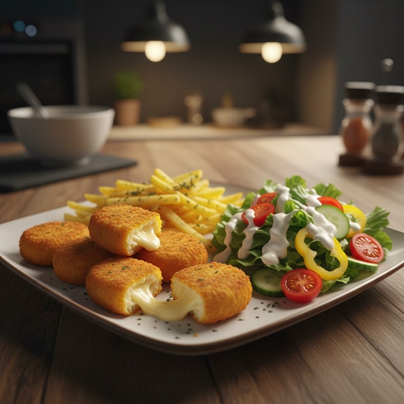 Cheese croquette, potatoes and salad