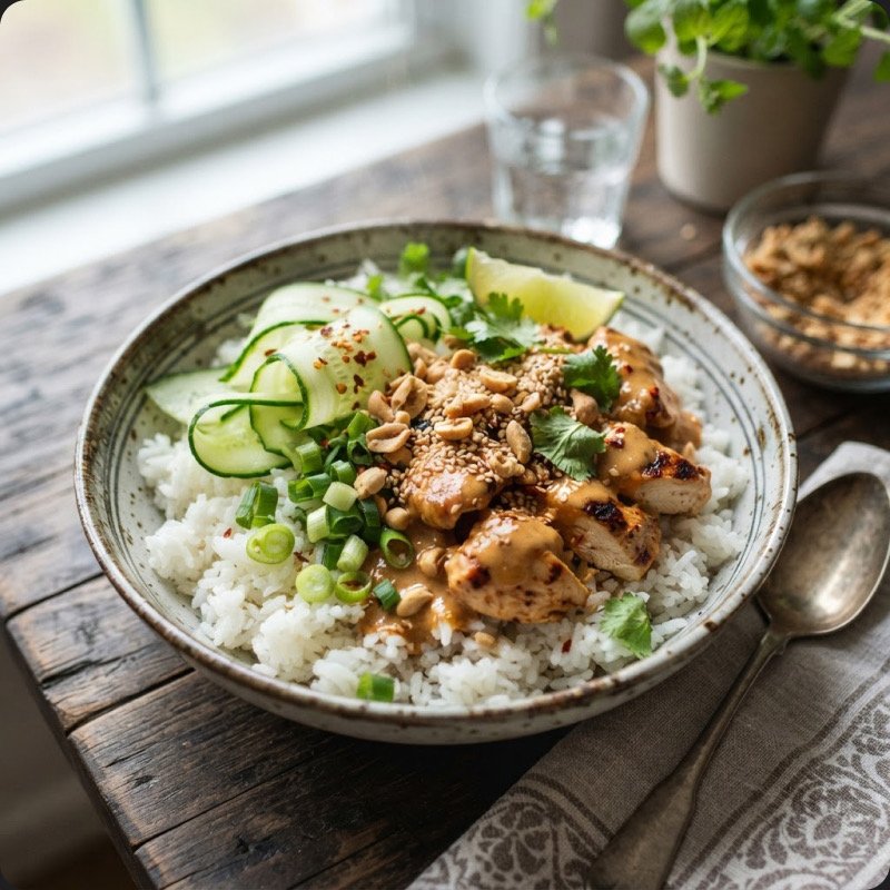 Chicken Bowl with Peanut Sauce, Cucumber & Rice