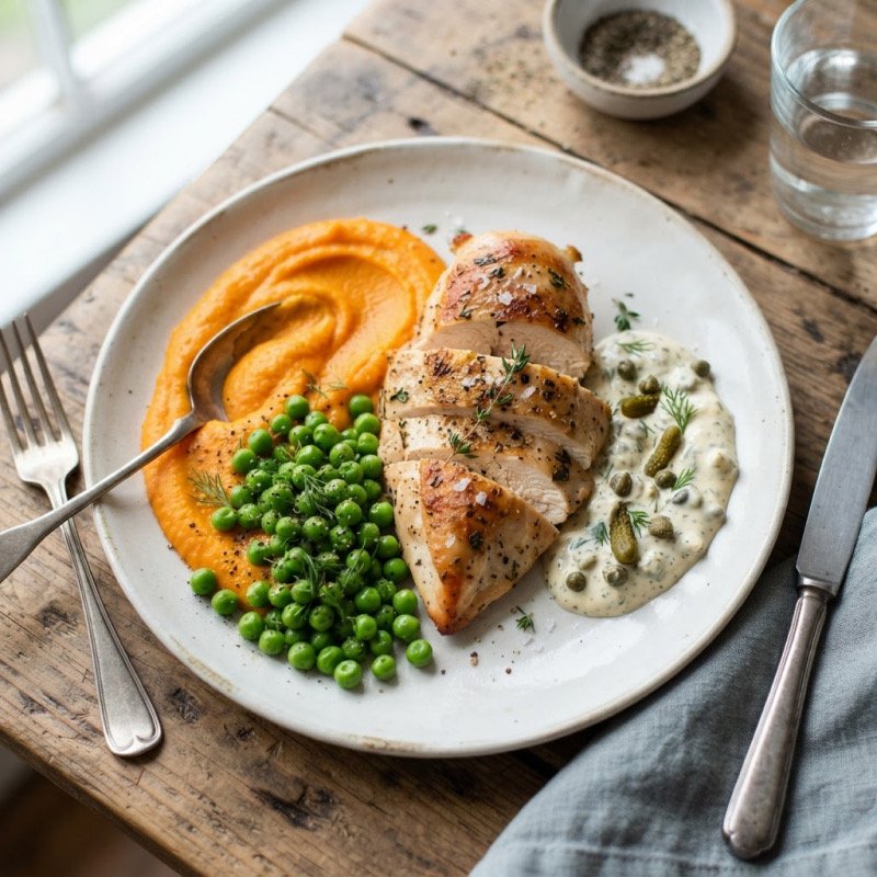Chicken with Carrot Purée & Peas