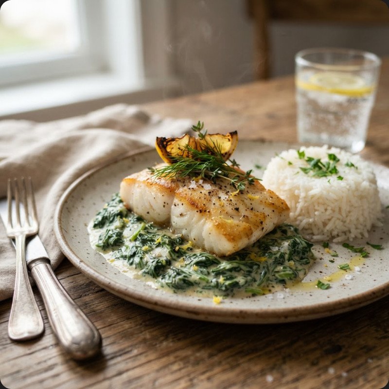Cod with Creamed Spinach & Rice