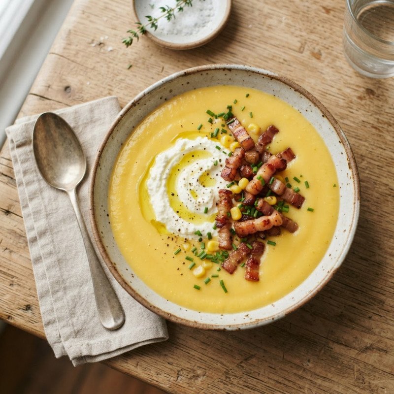 Corn Soup with Grilled Bacon