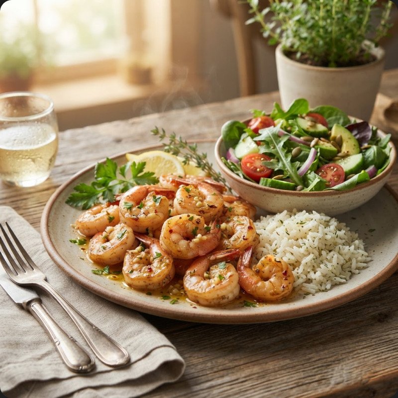 Garlic Shrimp with Rice & Salad