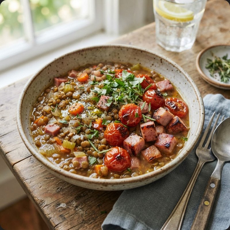 Ham Bowl with Lentils & Roasted Tomatoes