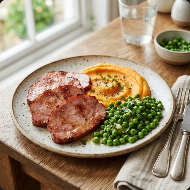 Ham with Carrot Puree & Peas
