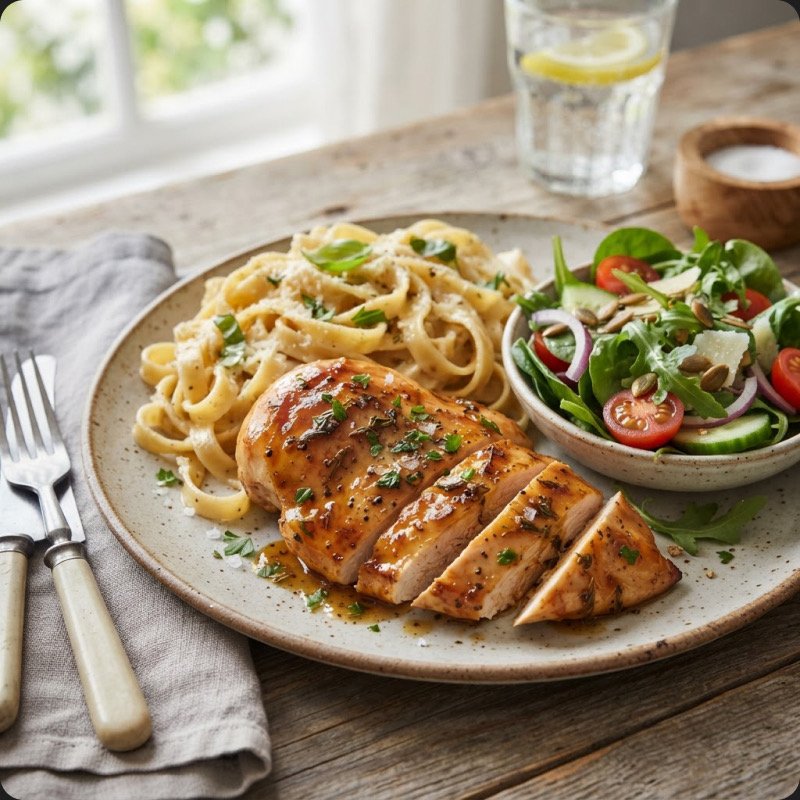Honey Chicken with Tagliatelle & Salad