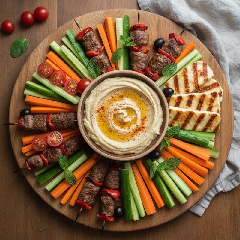 Hummus, cut veggies, brochettes and halloumi