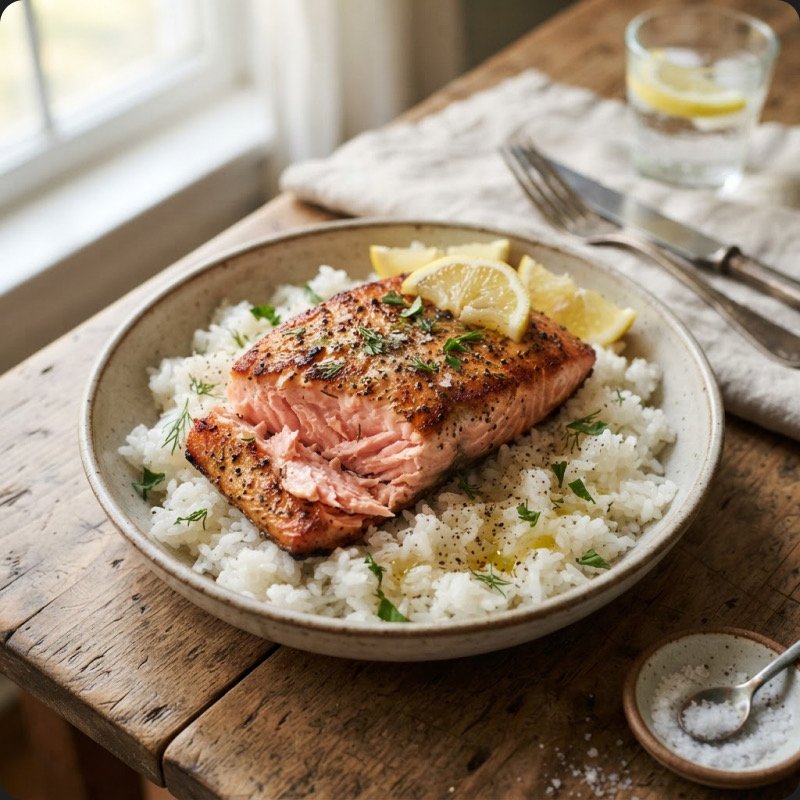 Medium-Rare Salmon with Rice