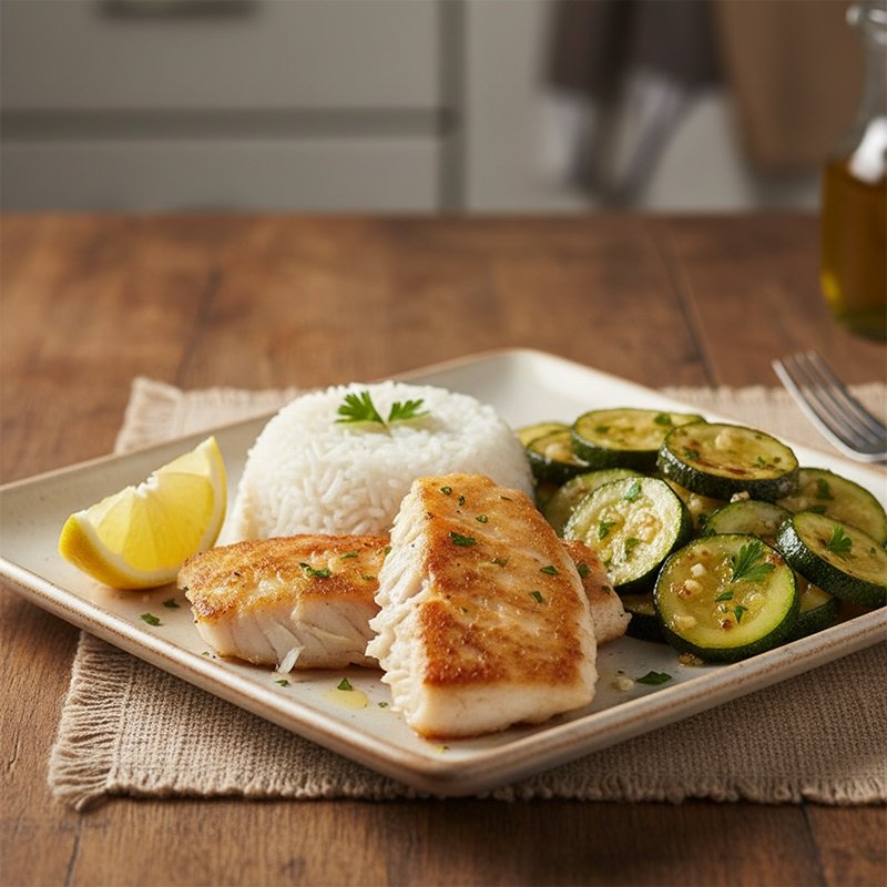 Panga with rice and zucchini
