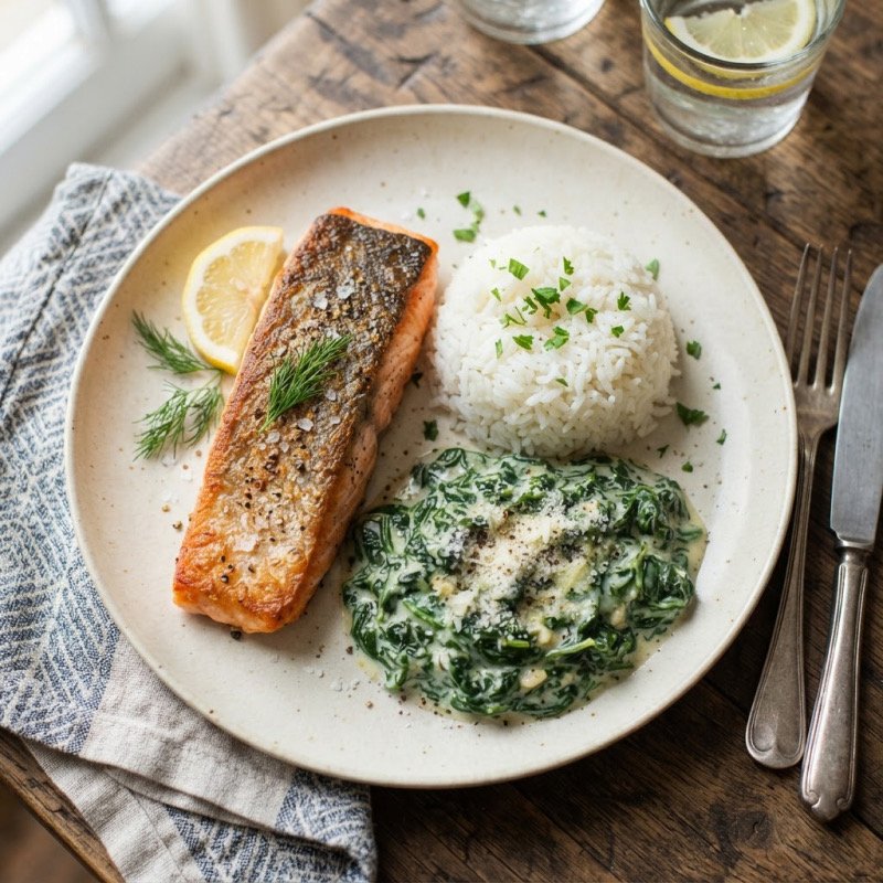 Salmon with Creamed Spinach & Rice