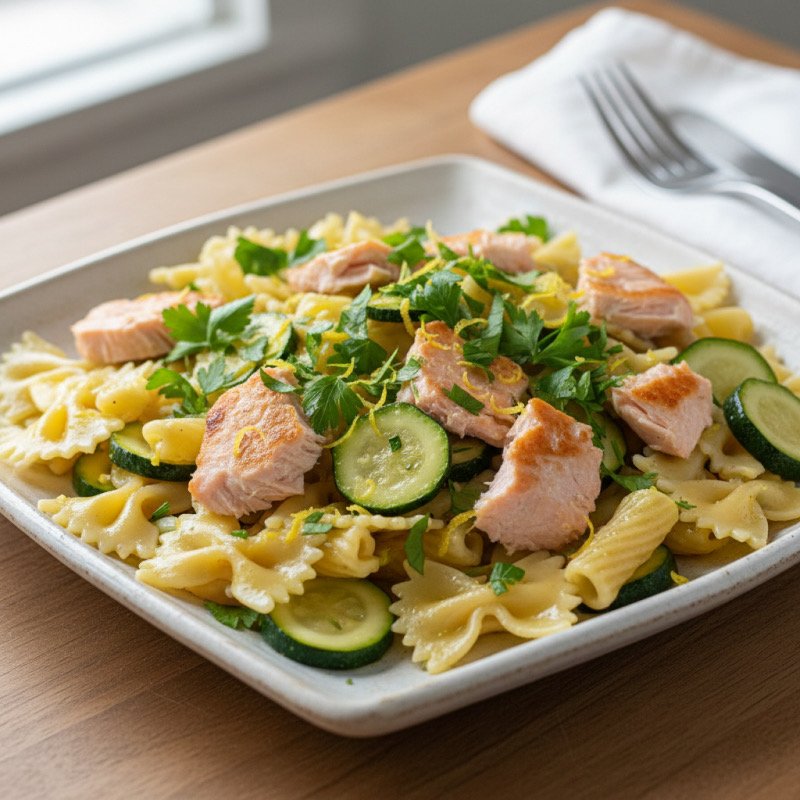 Salmon with zucchini and bubble pasta