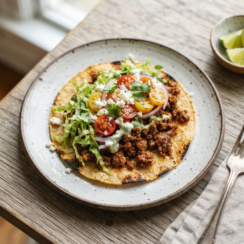 Smashed Beef Taco with Feta & Cherry Tomatoes