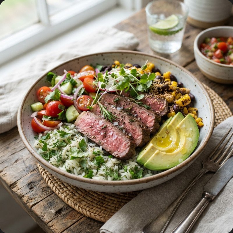 Steak Bowl with Tomatoes, Avocado & Rice