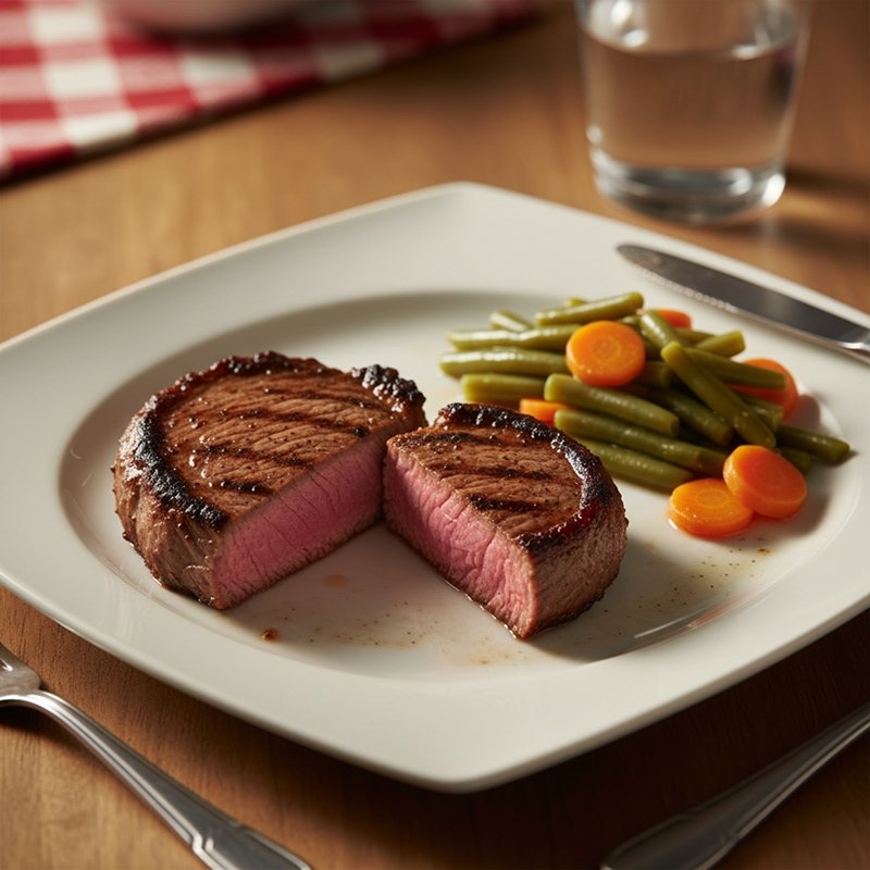 Steak, small green beans and carots