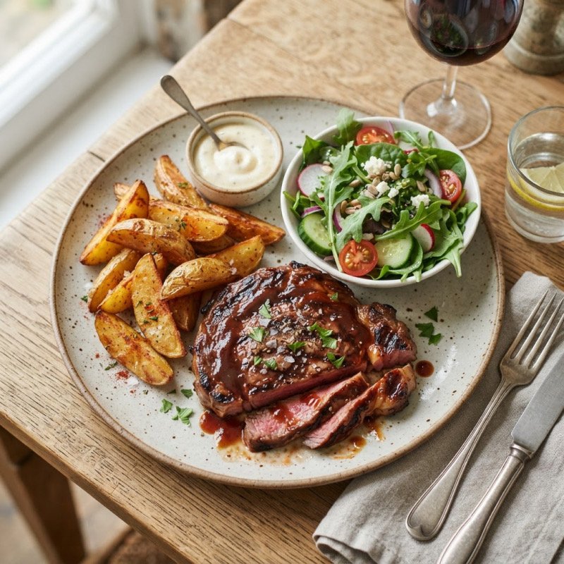 Steak with BBQ Sauce, Potatoes & Salad