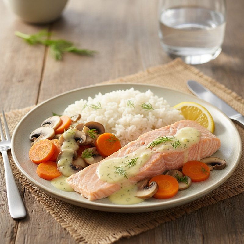 Steamed fish, rice and veggies
