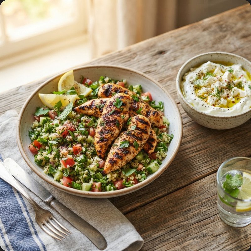 Tabbouleh with Grilled Chicken & Feta Cream