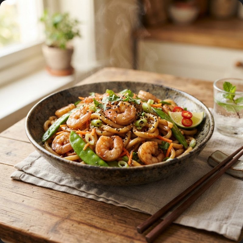 Udon Noodles with Shrimp