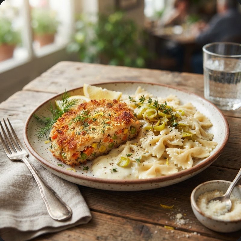 Veggie Cutlet with Leek Fondue & Farfalle