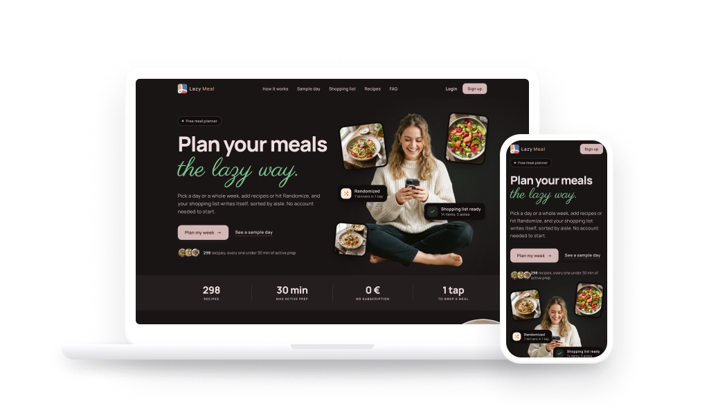 Lazy Meal meal planner shown on a laptop and a phone